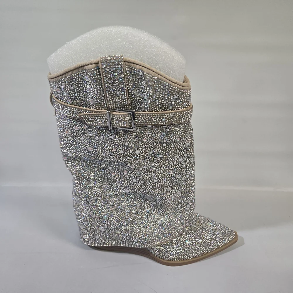 Madden Girl Joe Rhinestone Western Wedge Booties Silver Multi Size 6 NIB